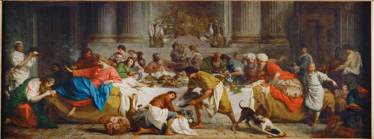 Le repas chez Simon. Jídlo v Simonově domě. Marta polévá Kristovy nohy olejem a osušuje je svými vlasy... od Pierre Subleyras