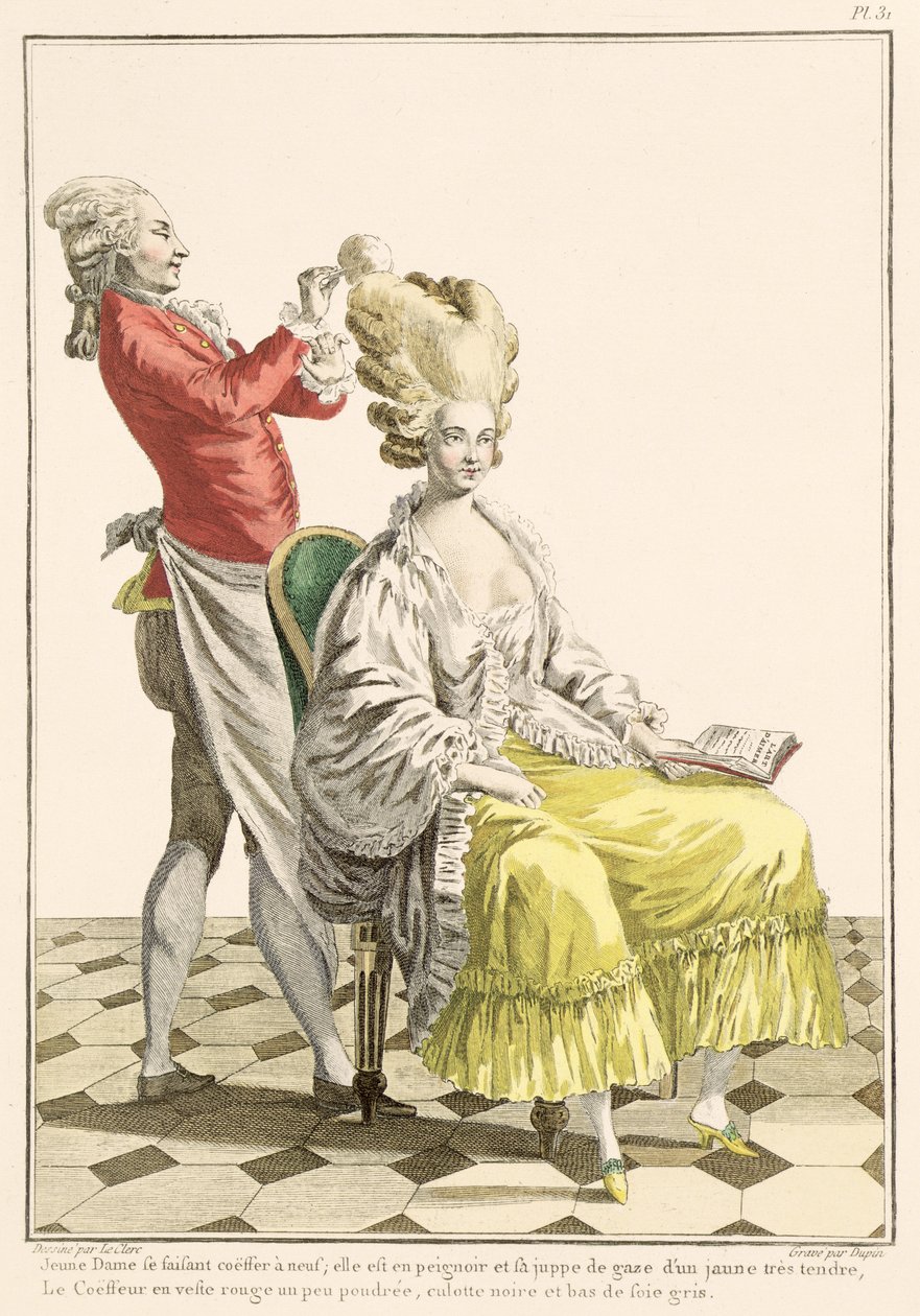 Mladá žena v peignoiru s kadeřníkem, deska 31 z "Galerie des Modes et Costumes Francais", vyryl Dupin, 1778 od Pierre Thomas Le Clerc