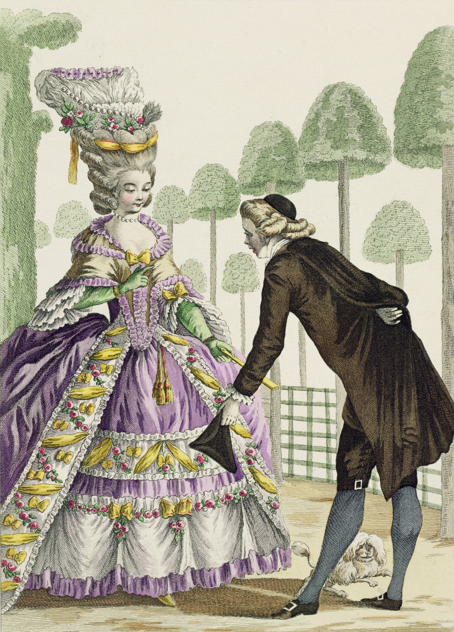 Dáma v šeříkových šatech Promenády v zahradách královského paláce, deska 13 z „Galerie des Modes et Costumes Francais“, vyryla Etienne Claude Voysard (1746-1812) 1778 od Pierre Thomas Le Clerc