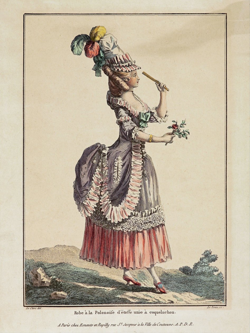 Polské šaty z hladké látky s coqueluchonem - Dílo Pierra Thomase Le Clerca (1739-1796), rytina a akvarel, převzato z Galerie francouzských módů a kostýmů od Pierre Thomas Le Clerc