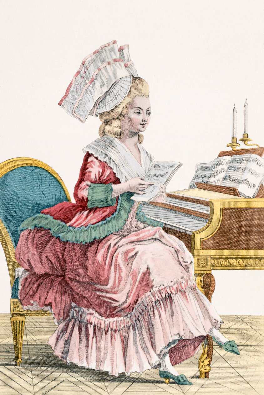 Mladá žena studující hudbu u cembala, rytina J. Pelicier, deska 149 z "Galerie des Modes et Costumes Francais od Pierre Thomas Le Clerc