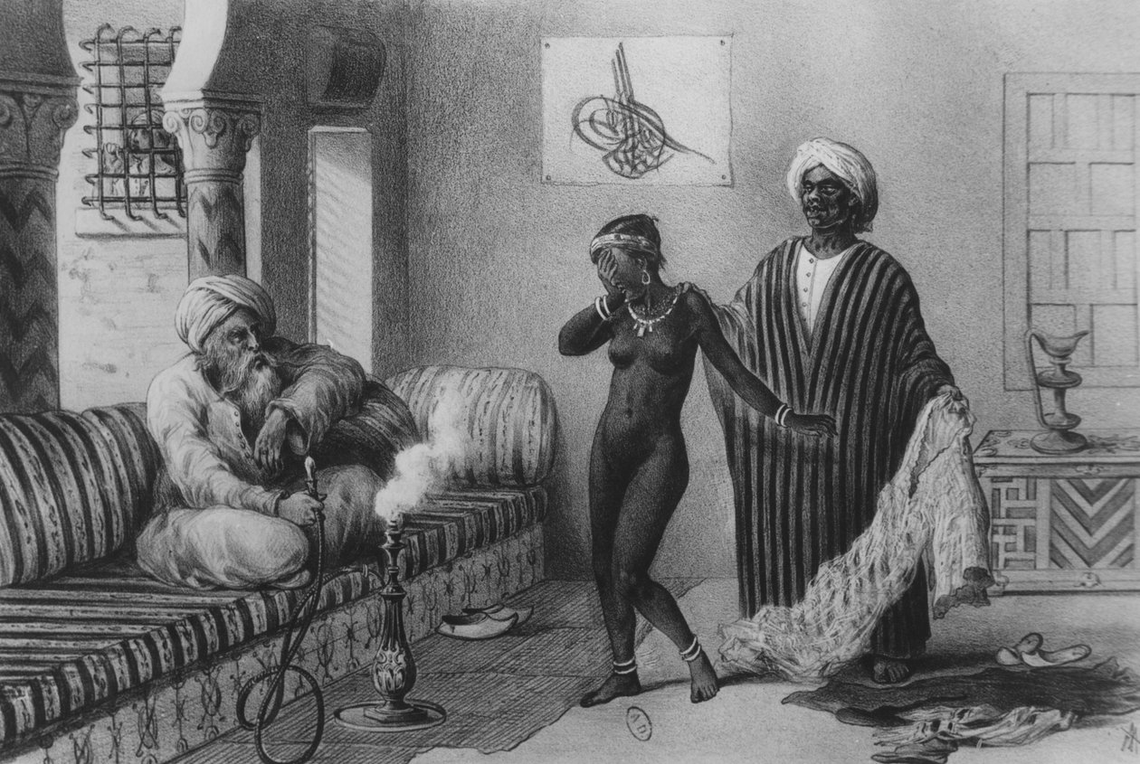 A Young Girl from Timbuktoo Being by a Slave Master in Tripolis in 1854, from "Voyages au Soudan et dans L"Afrique Septentrionale", vyryto A. Adamem, 1850 od Pierre Tremaux