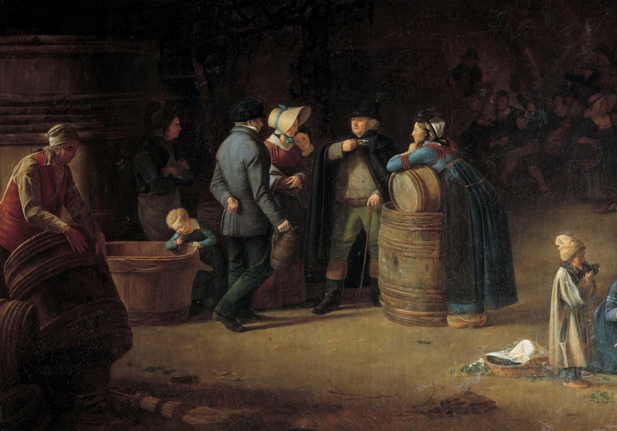 Majitel na návštěvě svého sklepa v Burgundsku Vinař kontroluje stav produkce vína ve své vinici. Detail. Obraz Jean Baptiste Olagnon (1816-?) 19. stol. Beaune od Pierre Victor Olagnon