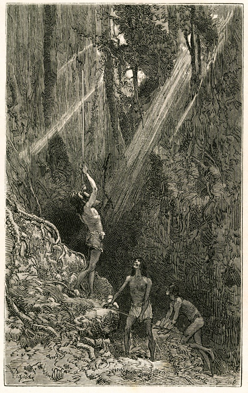 Indiáni Suno, z břehů řeky Napo (Amazon), loví sarbacanem. Rytina od Vignal, pro ilustraci příběhu „Amazon a Cordilleres““ od Pierre Vignal