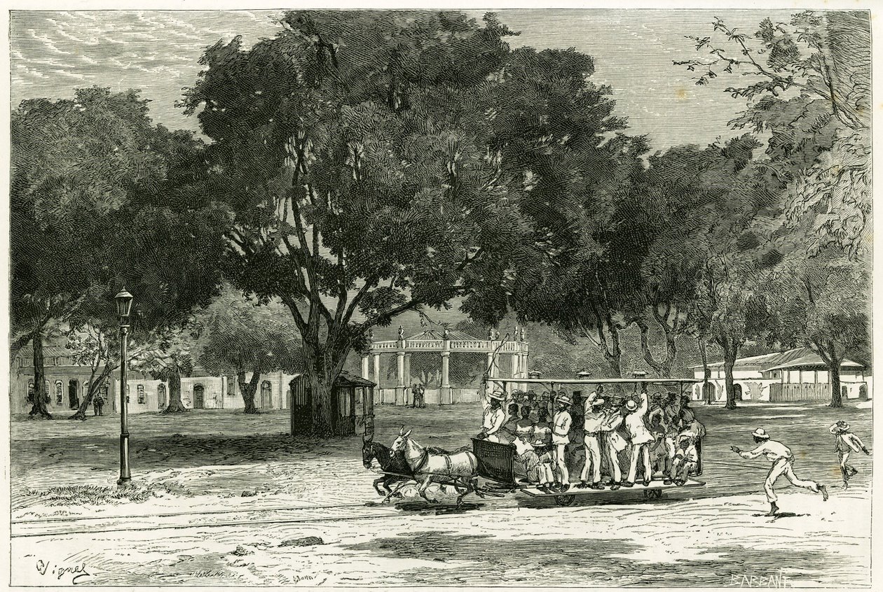 Tramvaj, střelba koňmi, v přístavu Para (Brazílie), na largo Nazaret. Rytina od Vignal, pro ilustraci příběhu „Amazon a Cordilleres““ od Pierre Vignal