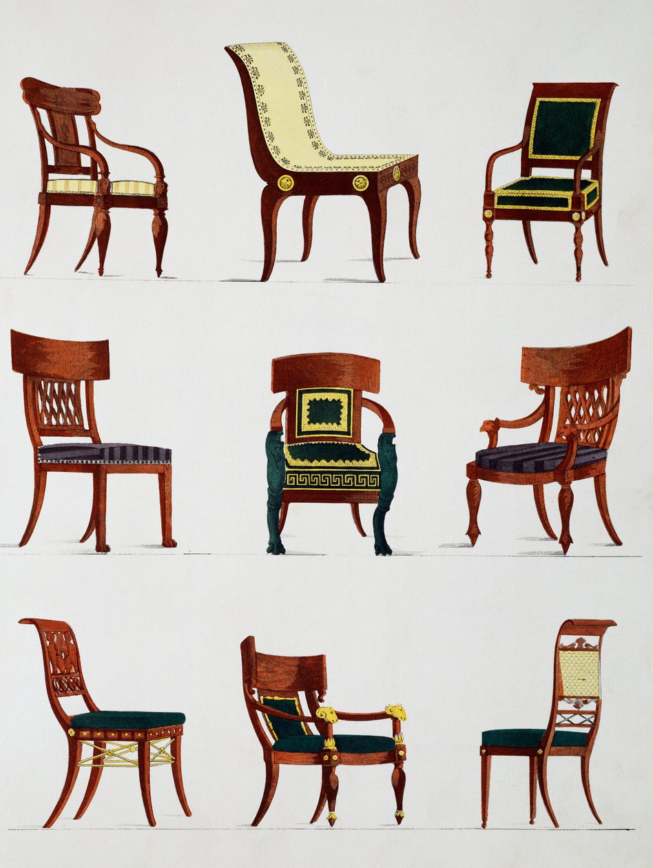Křesla a židle, éra konzulátu, ilustrace z Collection de meubles et objects de gout (sbírka nábytku a předmětů vkusu) od Pierre de La Mesangere