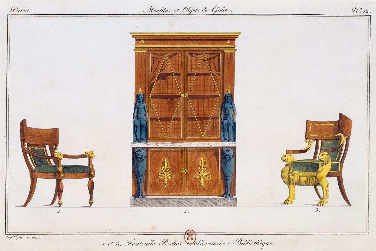 Křesla a knihovna psací stůl, deska 12, ilustrace z Collection de meubles et objects de gout (Sbírka nábytku a předmětů vkusu) od Pierre de La Mesangere