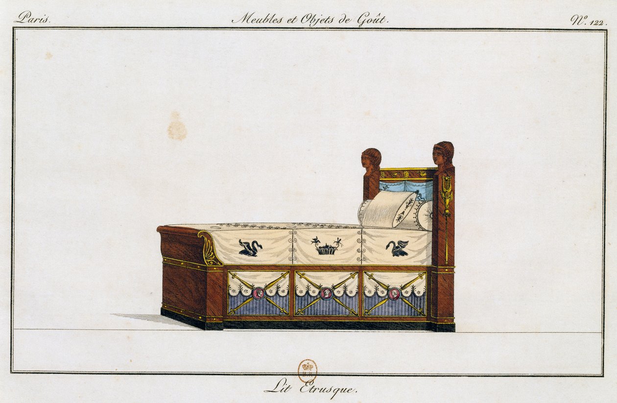Etruská postel, deska 122, ilustrace z Collection de meubles et objects de gout (Sbírka nábytku a předmětů vkusu) od Pierre de La Mesangere