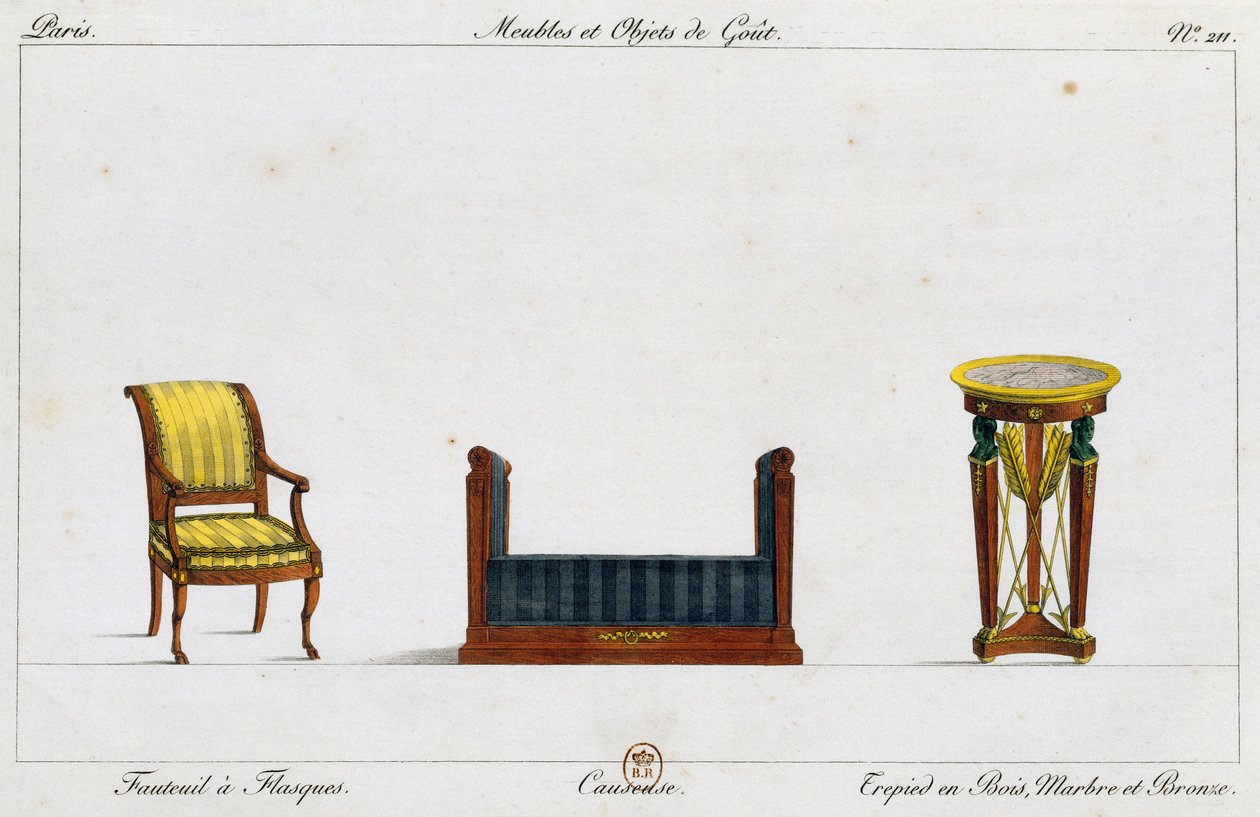 Přírubové křeslo, křeslo a trojnožkový stolek, deska 211, ilustrace z kolekce Collection de meubles et objects de gout (sbírka nábytku a předmětů vkusu) od Pierre de La Mesangere
