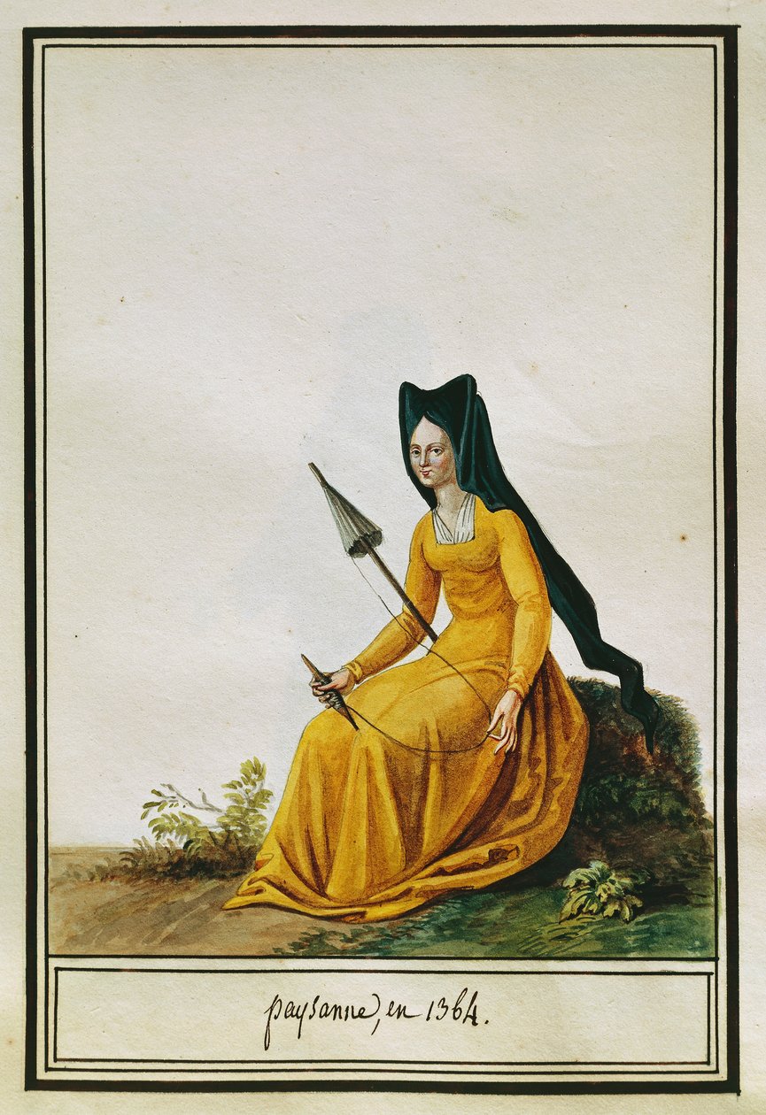 Francouzská farmářka předení, Pierre Antoine Leboux de La Mesangere (1761-1831), akvarel od Pierre de La Mesangere