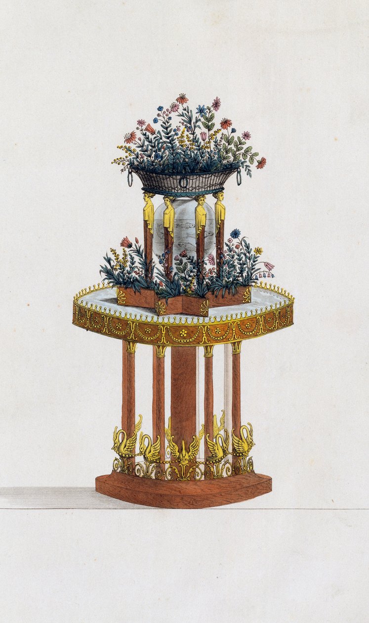Stojan na květiny z mahagonu a bronzu, deska 287, ilustrace z kolekce Collection de meubles et objects de gout (Sbírka nábytku a předmětů vkusu) od Pierre de La Mesangere