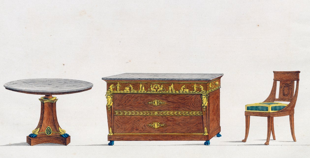 Mahagonový stůl, komoda a židle, deska 241, ilustrace z Collection de meubles et objects de gout (Sbírka nábytku a předmětů vkusu) od Pierre de La Mesangere