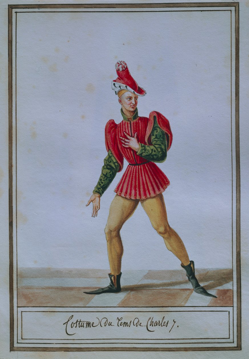 Pánská módní deska zobrazující kostým doby Karla VII. (1403-1461), od Pierre Antoine Leboux de La Mesangere (1761-1831), akvarel od Pierre de La Mesangere