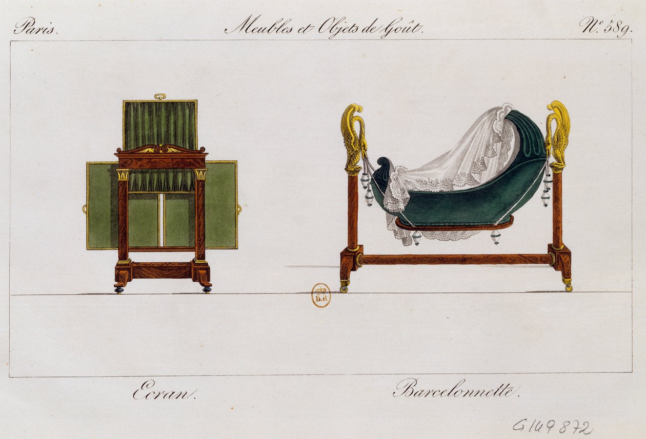 Paraván a houpací kolébka, deska 589, ilustrace z Collection de meubles et objects de gout (sbírka nábytku a předmětů vkusu) od Pierre de La Mesangere