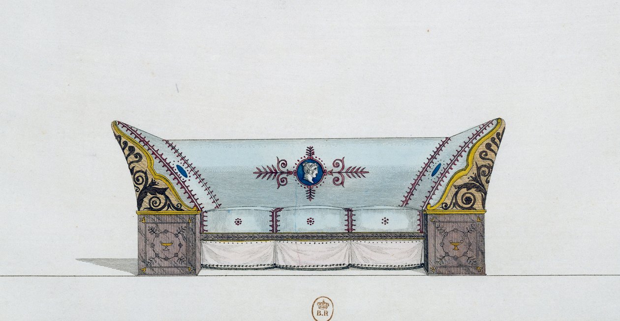 Pohovka, talíř 106, ilustrace z Collection de meubles et objects de gout (Sbírka nábytku a předmětů vkusu) od Pierre de La Mesangere