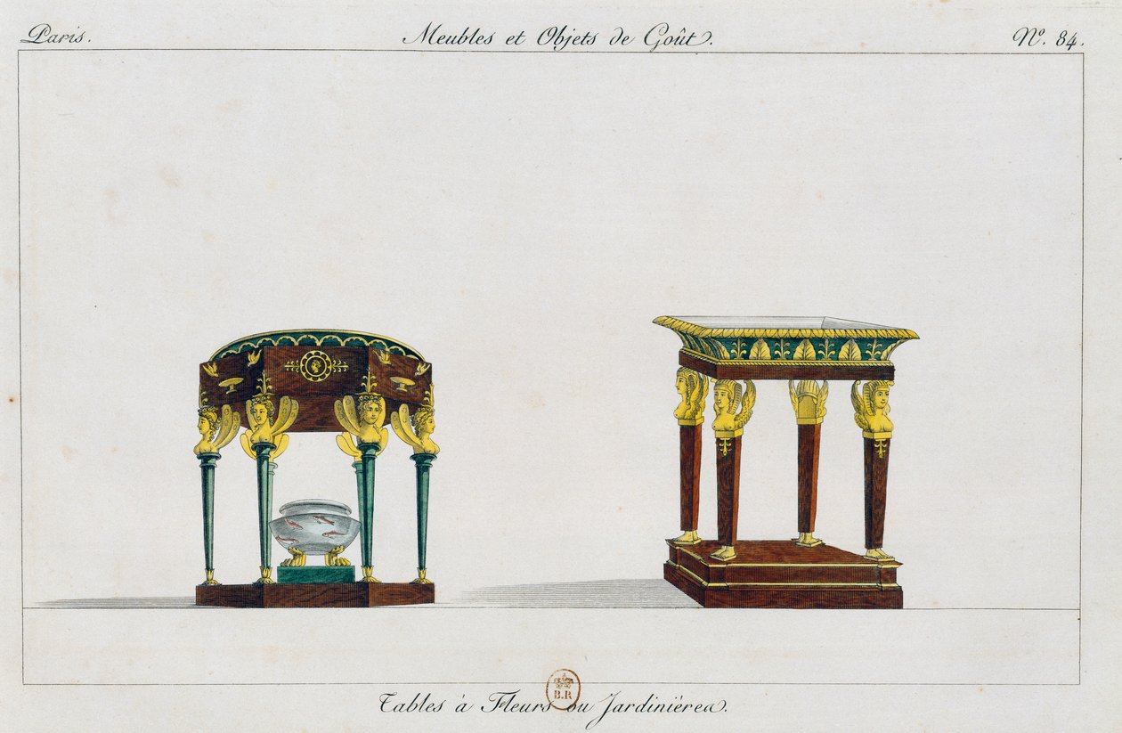 Stolky na květiny nebo květinové stojany, deska 84, ilustrace z Collection de meubles et objects de gout (Sbírka nábytku a předmětů vkusu) od Pierre de La Mesangere