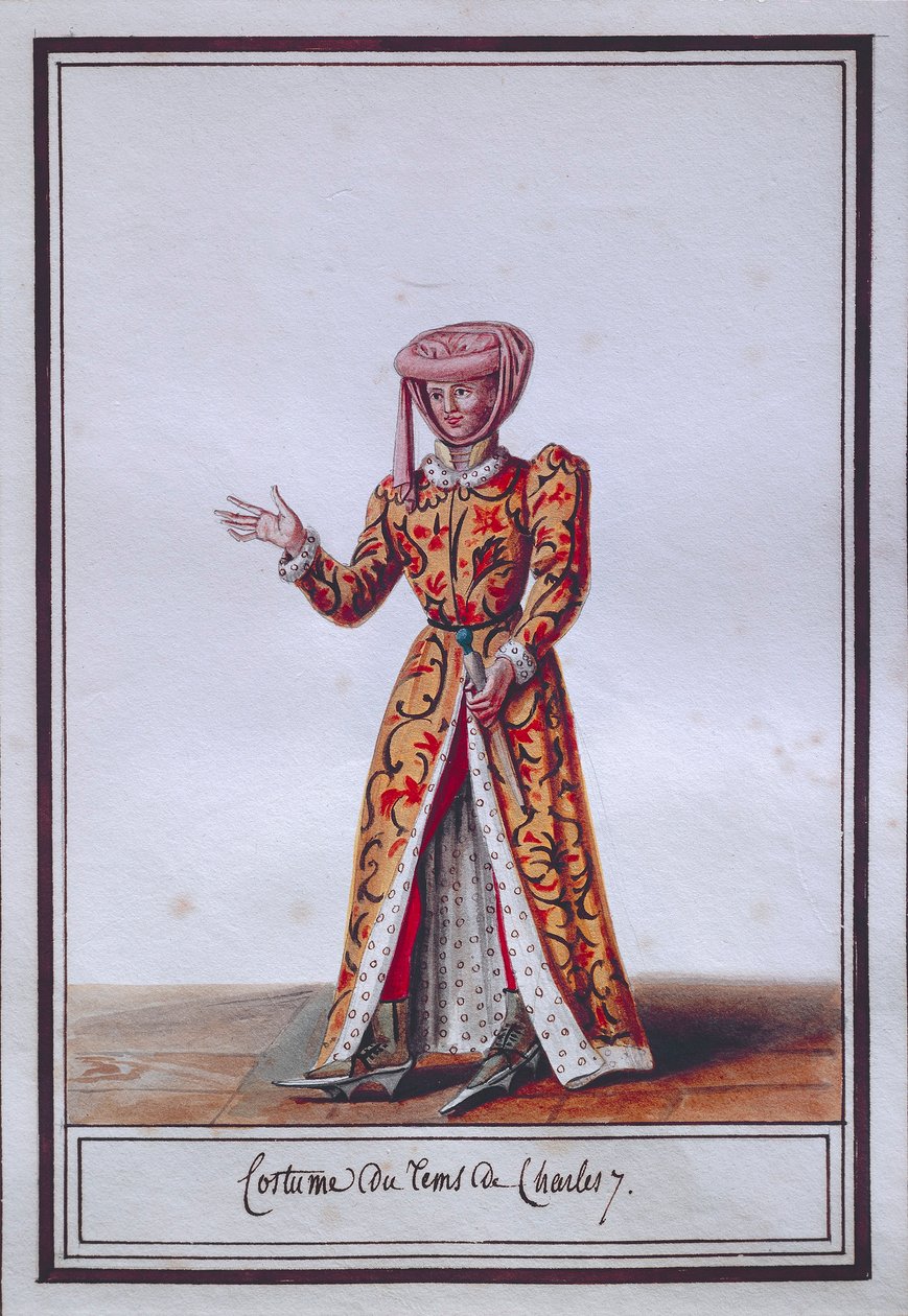 Dámská módní deska zobrazující kostým doby Karla VII. (1403-1461), od Pierre Antoine Leboux de La Mesangere (1761-1831), akvarel od Pierre de La Mesangere