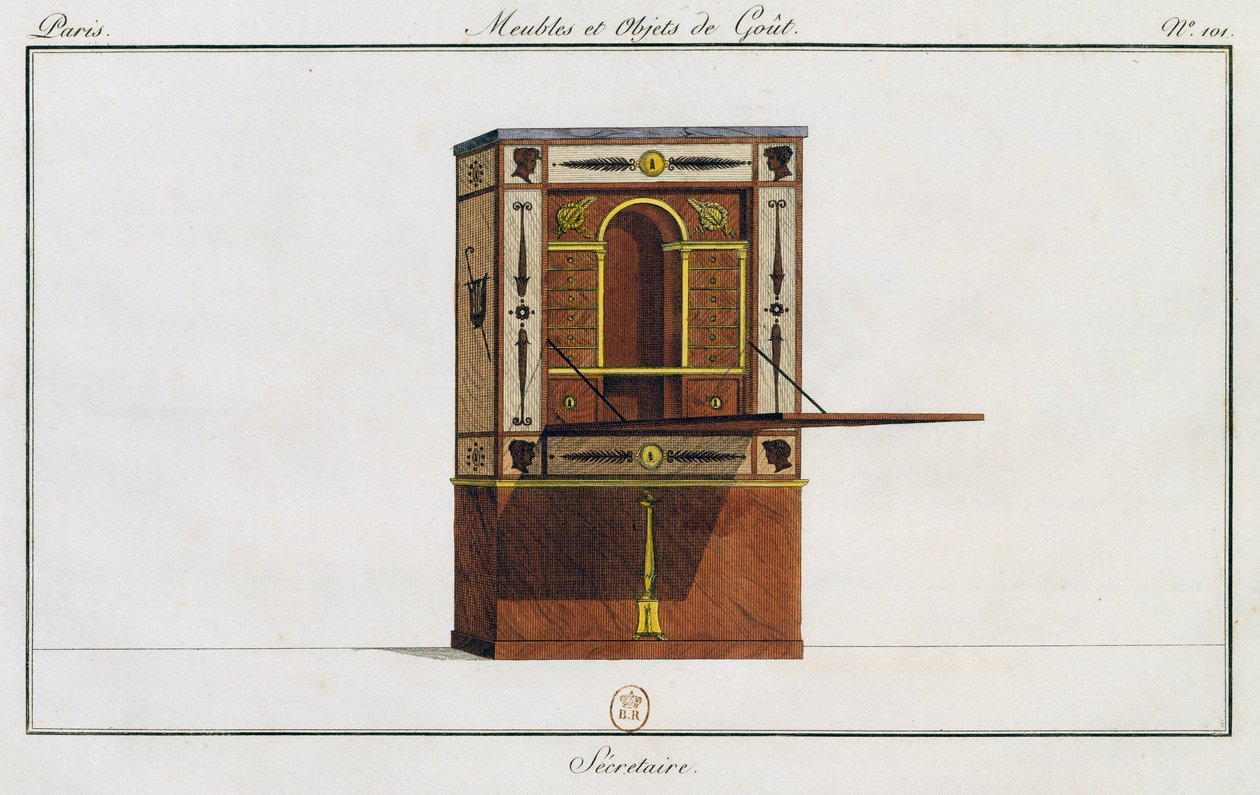 Psací stůl, deska 101, ilustrace z Collection de meubles et objects de gout (Sbírka nábytku a předmětů vkusu) od Pierre de La Mesangere