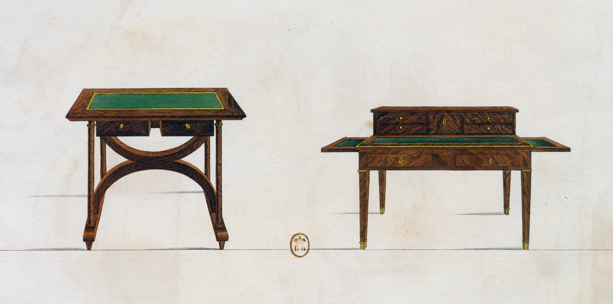 Psací stůl a psací stůl, deska 436, ilustrace z Collection de meubles et objects de gout (Sbírka nábytku a předmětů vkusu) od Pierre de La Mesangere
