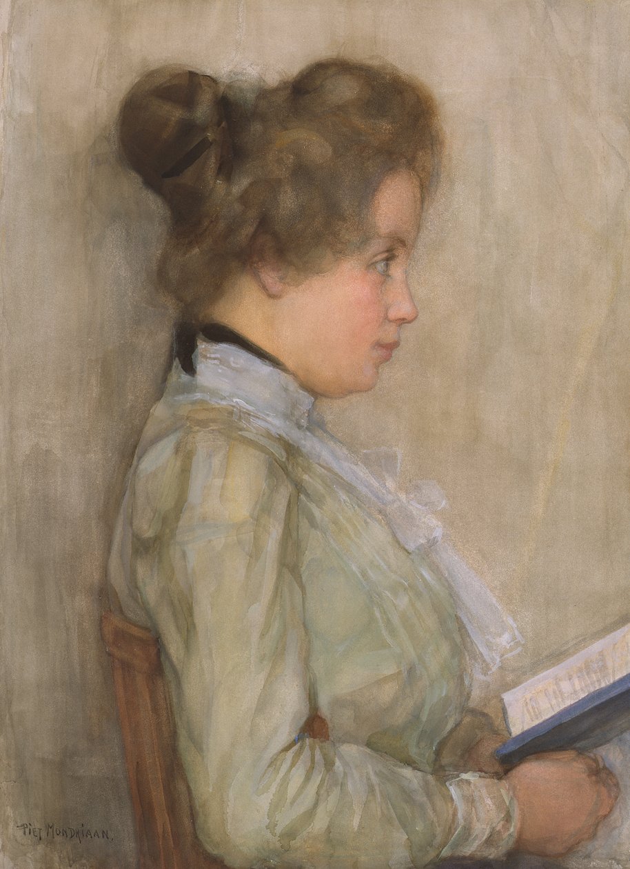 Ženské torzo v profilu s knihou, cca 1898-1900 (wc na papíře) od Piet Mondrian