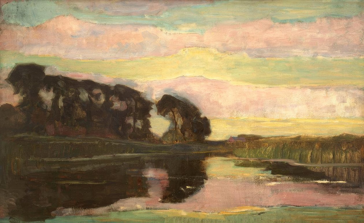 Říční krajina s růžovou a žlutozelenou oblohou od Piet Mondrian