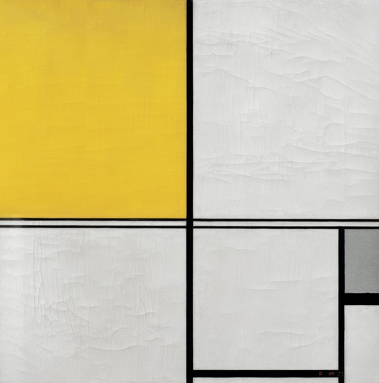 Kompozice s dvojitou linkou a žlutou a šedou barvou od Piet Mondrian