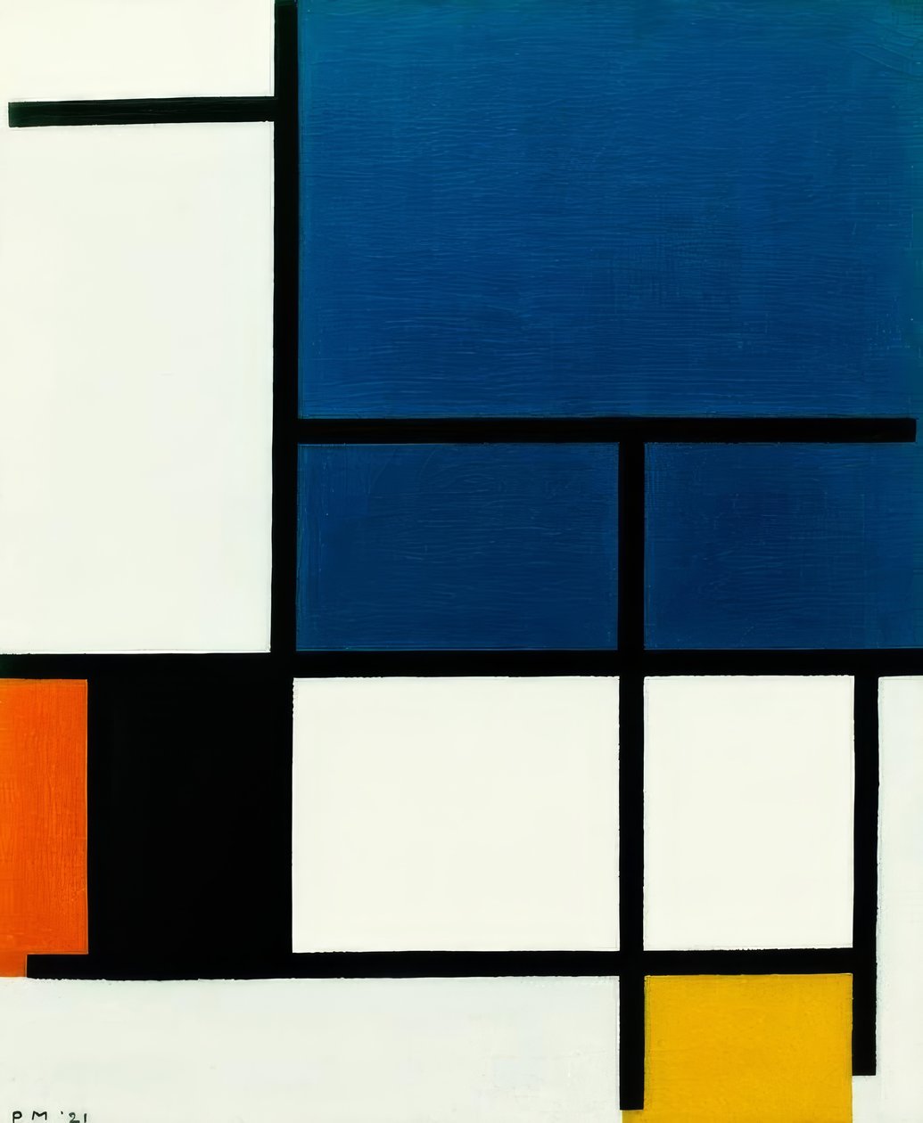 Složení s velkou modrou plochou, červenou, černou, žlutou a od Piet Mondrian