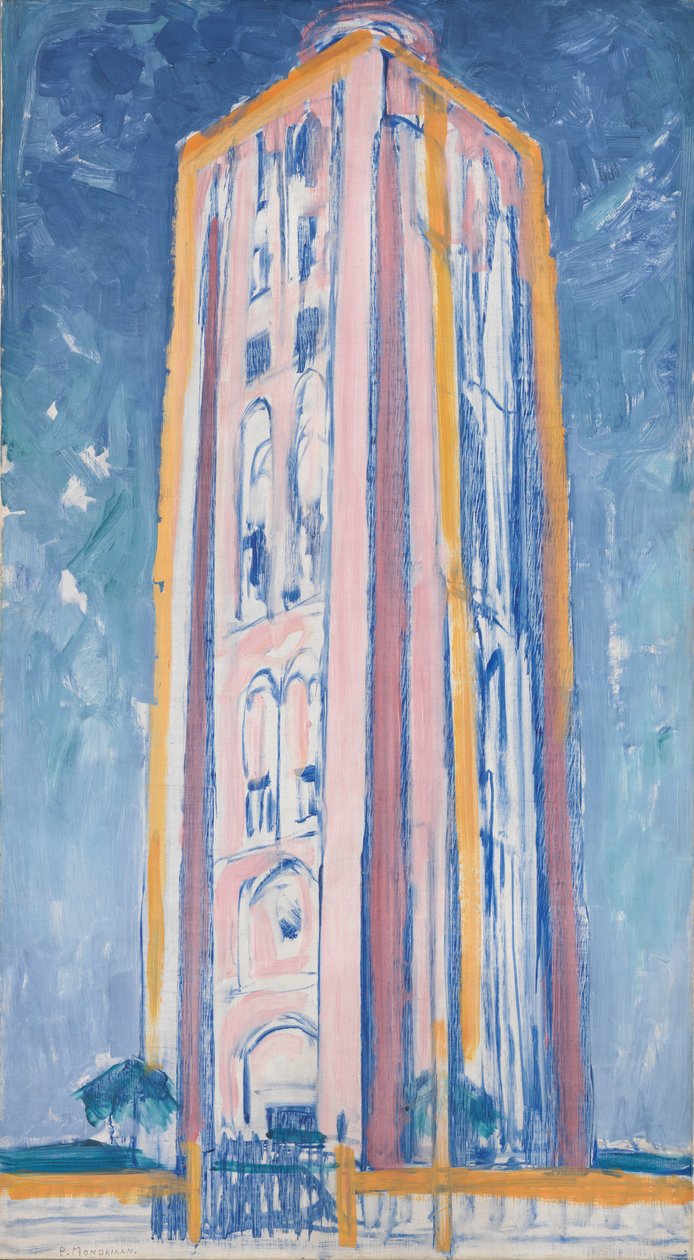 Maják ve Westkapelle v oranžové, růžové, fialové a modré, kolem roku 1910 od Piet Mondrian