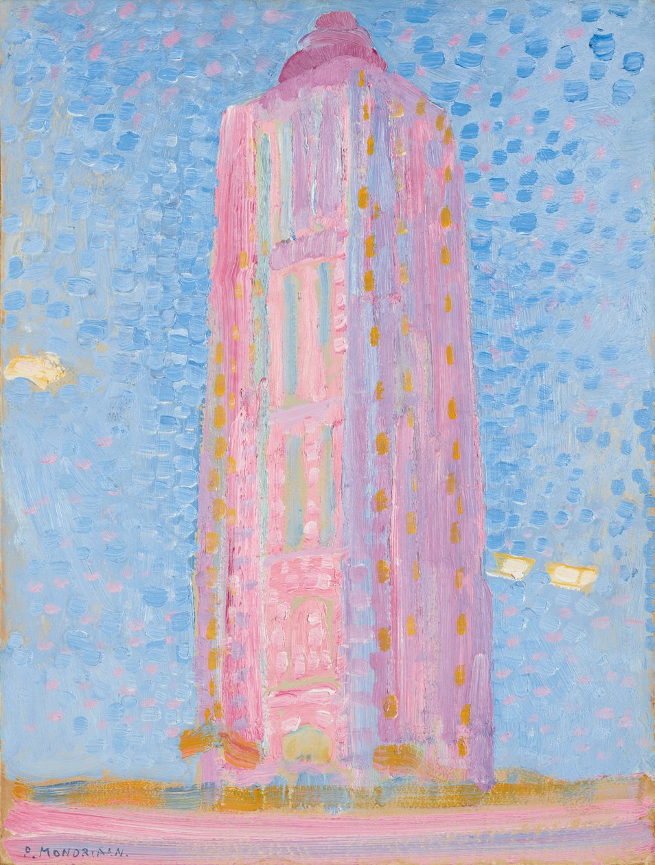 Maják ve Westkapelle v růžové, 1909 (olej na kartonu) od Piet Mondrian