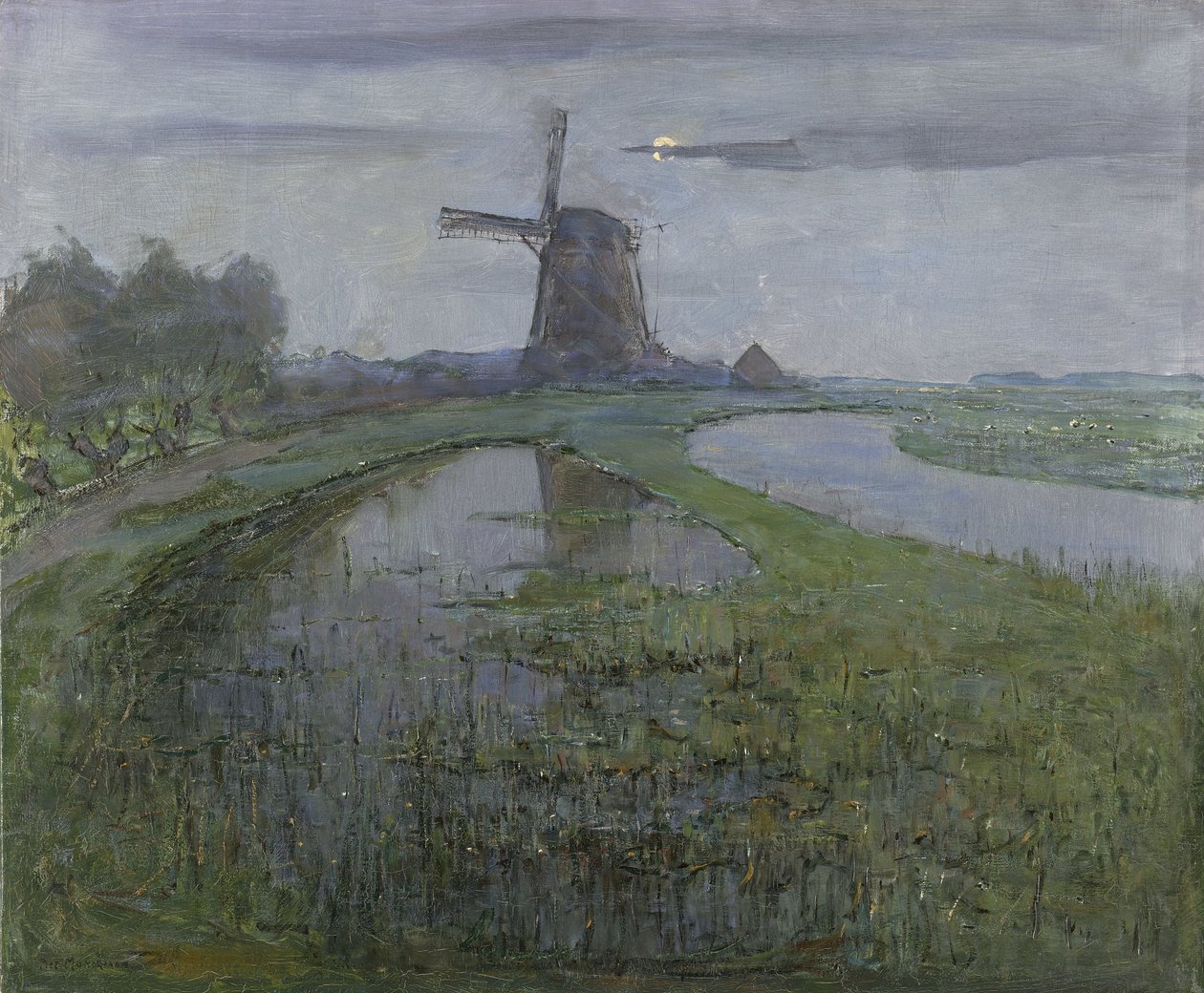 Mlýn Oostzijdse podél řeky Gein za svitu měsíce od Piet Mondrian