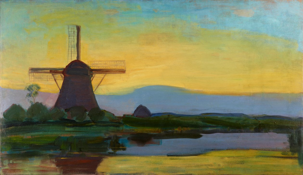 Oostzijdse Mill s rozšířenou modrou, žlutou a fialovou oblohou, kolem 1907-začátek 1908 od Piet Mondrian