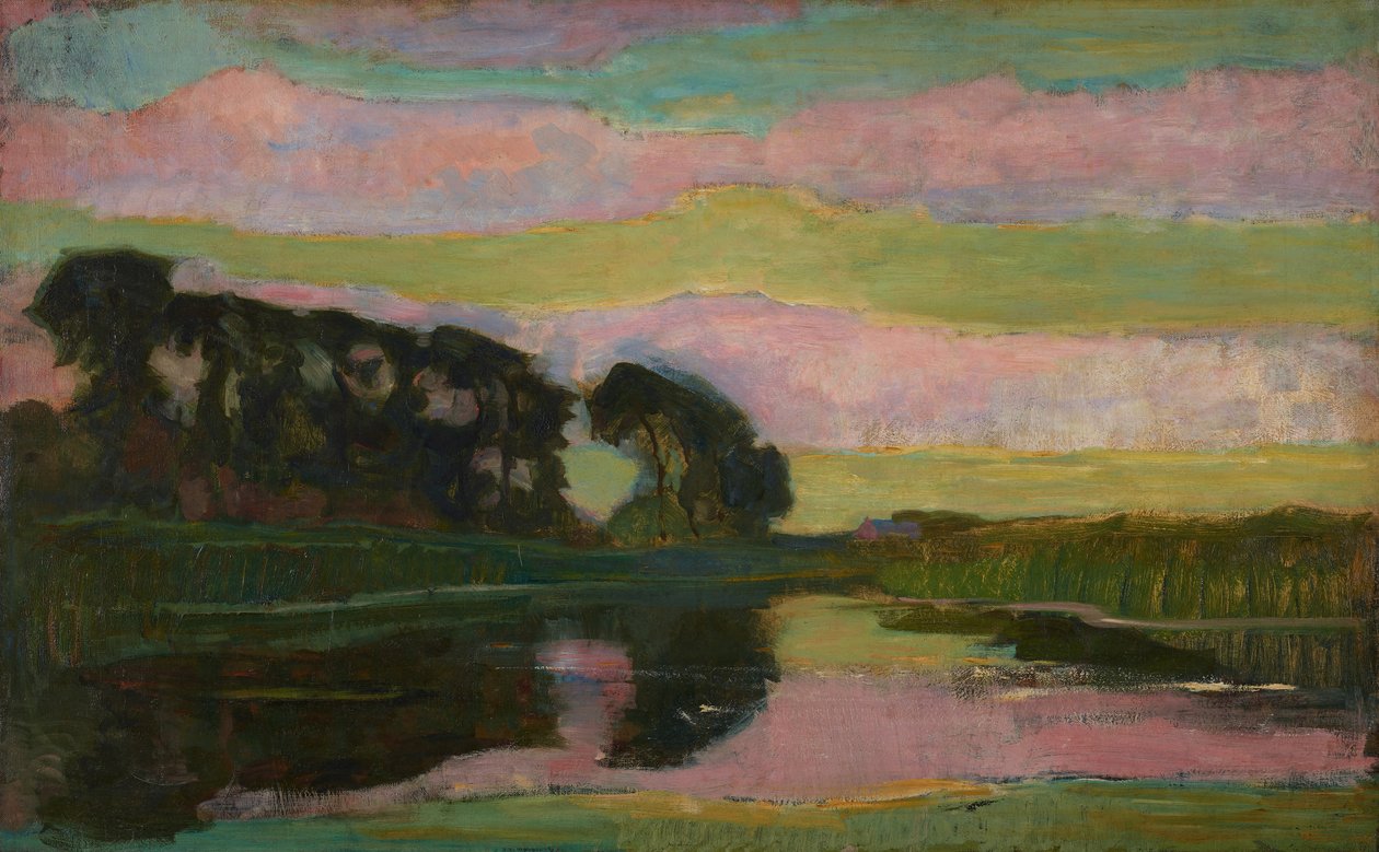 Říční krajina s řadou stromů vlevo, obloha s růžovými a žlutozelenými pruhy: Farma na Geinu promítaná Tall Trees, kolem 1907-08 od Piet Mondrian