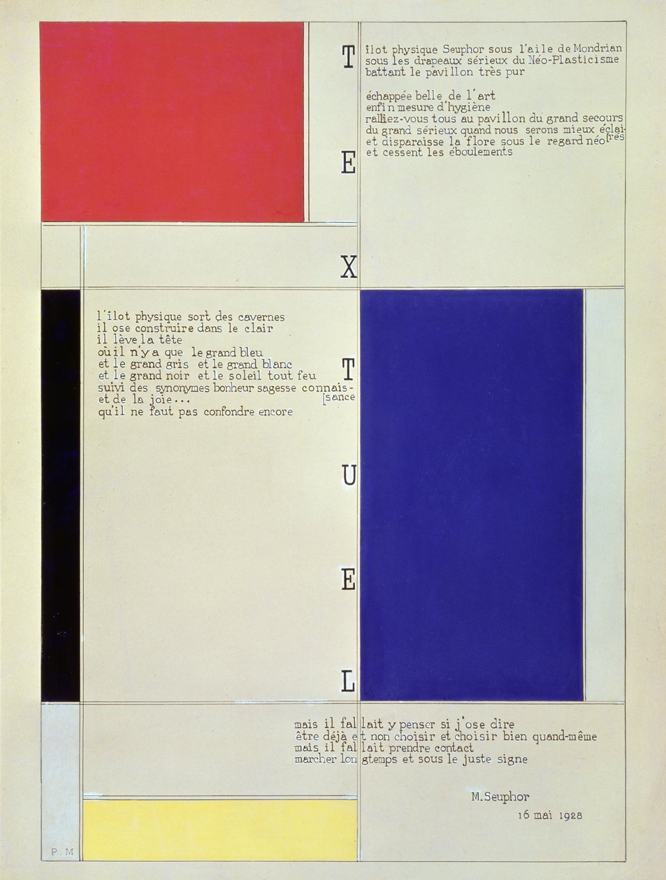 Tableau-Poeme, s textem Michel Seuphor, 1928 (tužka, pero, inkoust a kvaš na kartonu) od Piet Mondrian