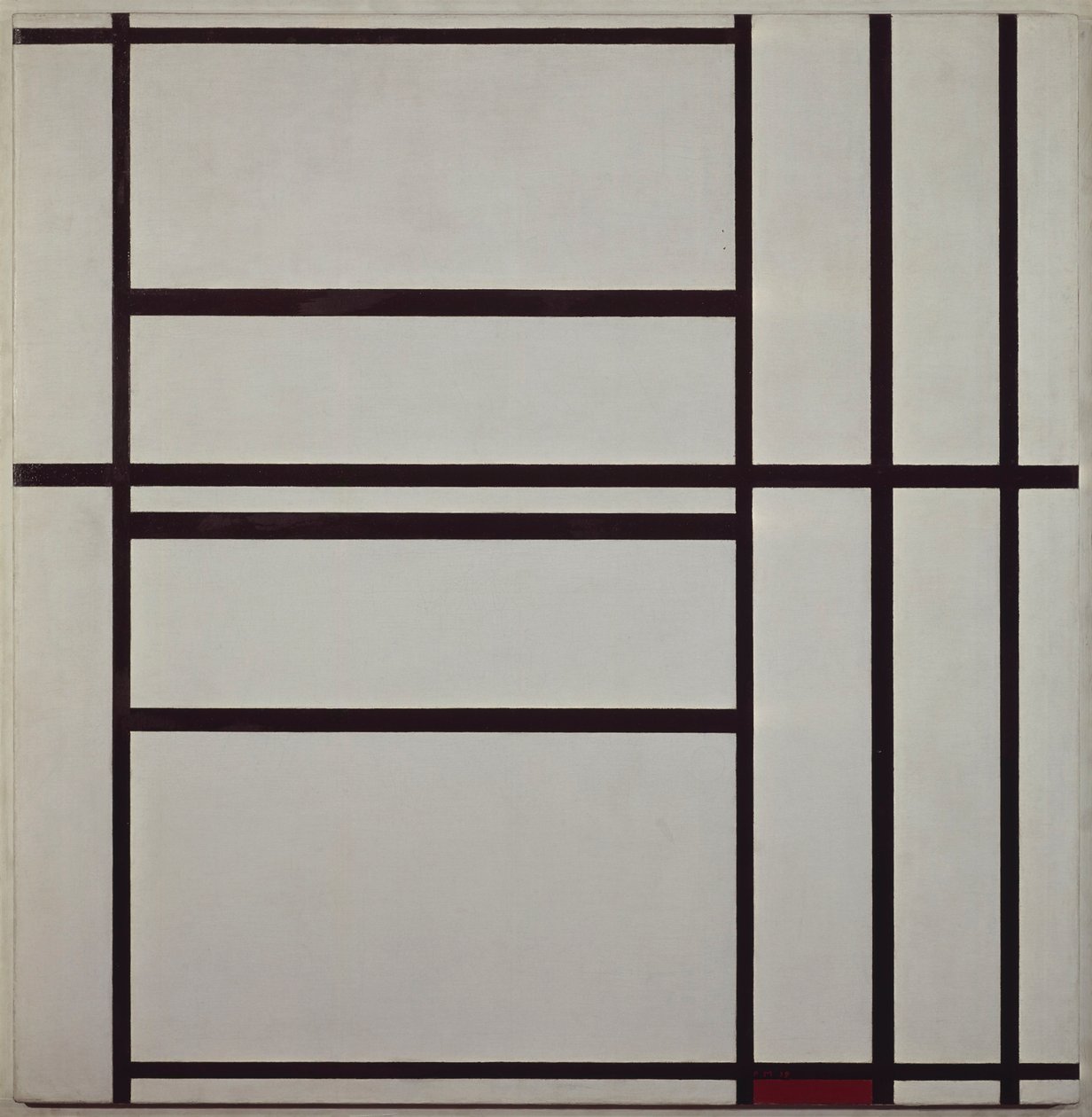 Kompozice č. 1 s šedou a červenou 1938-1939 (olej na plátně upevněné na dřevěné podložce), od Piet Mondrian