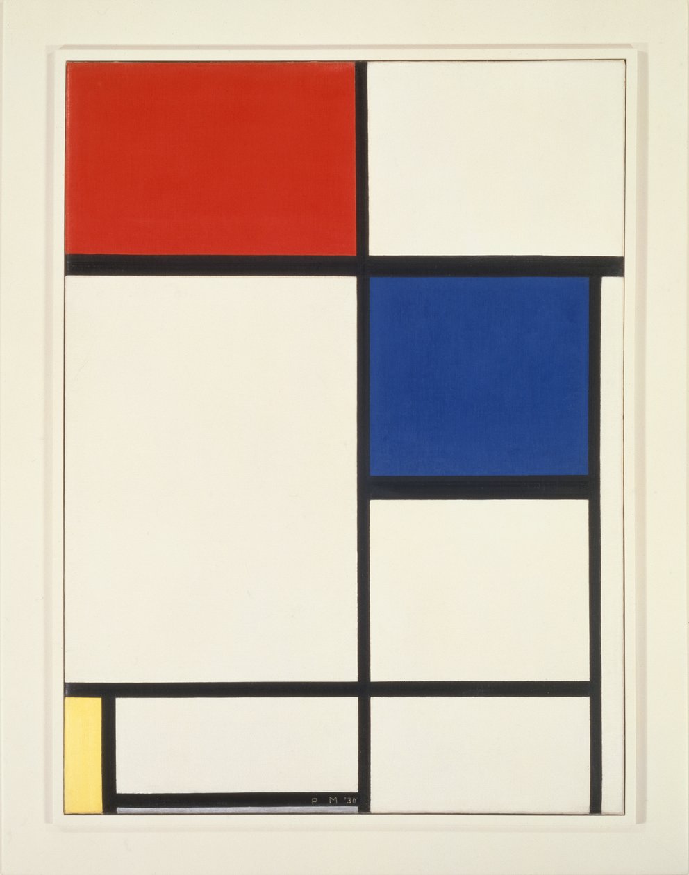 Kompozice s modrou, červenou a žlutou barvou od Piet Mondrian