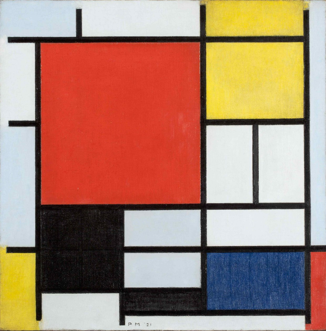 Kompozice s velkým červeným letadlem, žlutá, černá, šedá a modrá, 1921. od Piet Mondrian