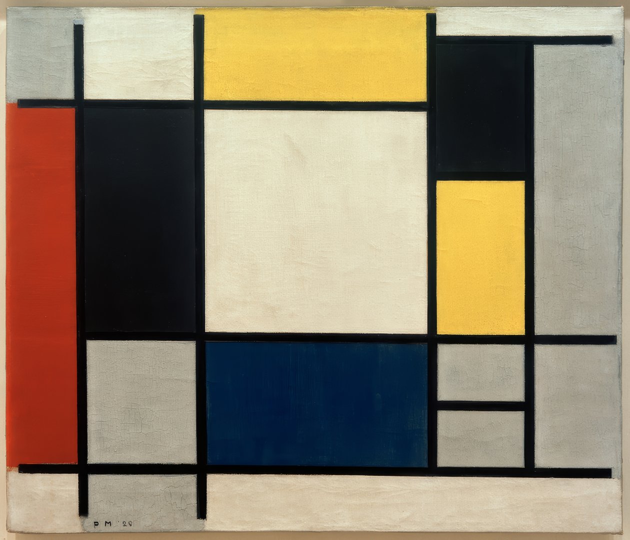 Složení se žlutou, červenou, černou, modrou a šedou od Piet Mondrian
