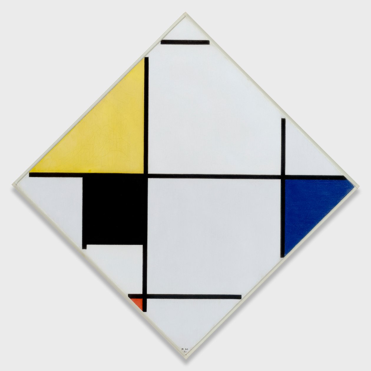 Kosočtvercová kompozice se žlutou, černou, modrou, červenou a šedou od Piet Mondrian