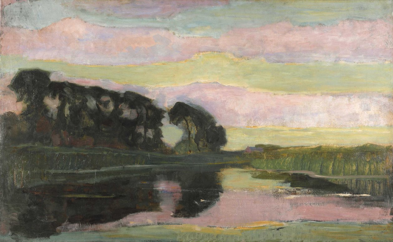 Říční krajina s růžovou a žlutozelenou oblohou, cca 1907-1908. od Piet Mondrian
