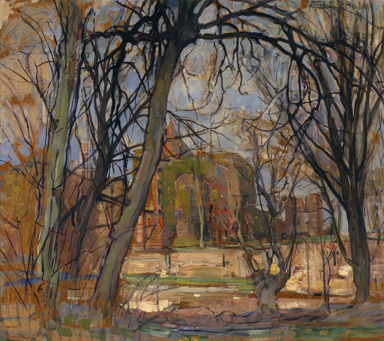 Jarní slunce (Lentezon): Zřícenina hradu: Brederode, kolem 1909-10 (olej na masonitu) od Piet Mondrian