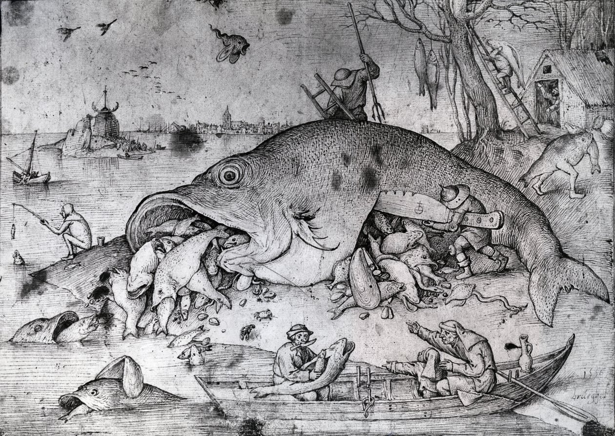 Velké ryby žerou malé, 1556 (pero a inkoust na papíře) od Pieter Bruegel the Elder