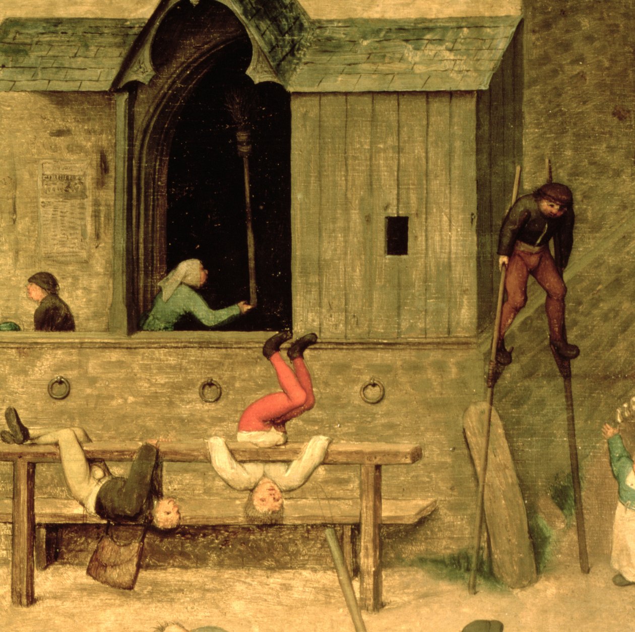 Dětské hry (Kinderspiele): detail chlapce na chůdách a dětí hrajících si na pažbě, 1560 (detail 68945) od Pieter Bruegel the Elder