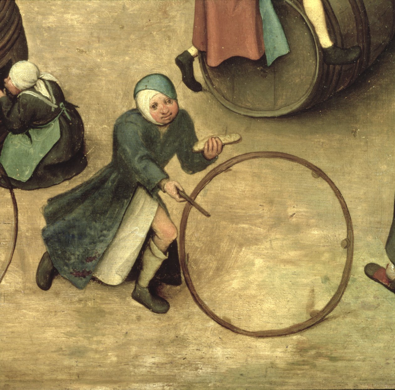 Dětské hry (Kinderspiele): detail dítěte s holí a obručí, 1560 (detail 68945) od Pieter Bruegel the Elder