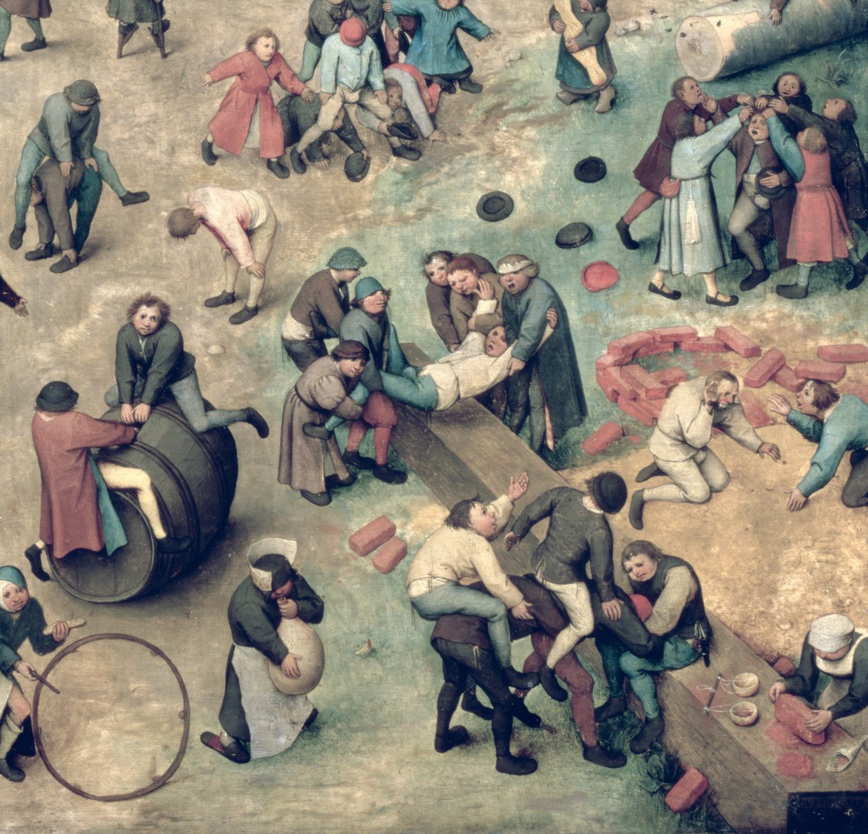 Dětské hry (Kinderspiele): detail pravého dolního rohu zobrazující děti hrající si s kostkami, obručemi a sudem, 1560 (detail 68945) od Pieter Bruegel the Elder