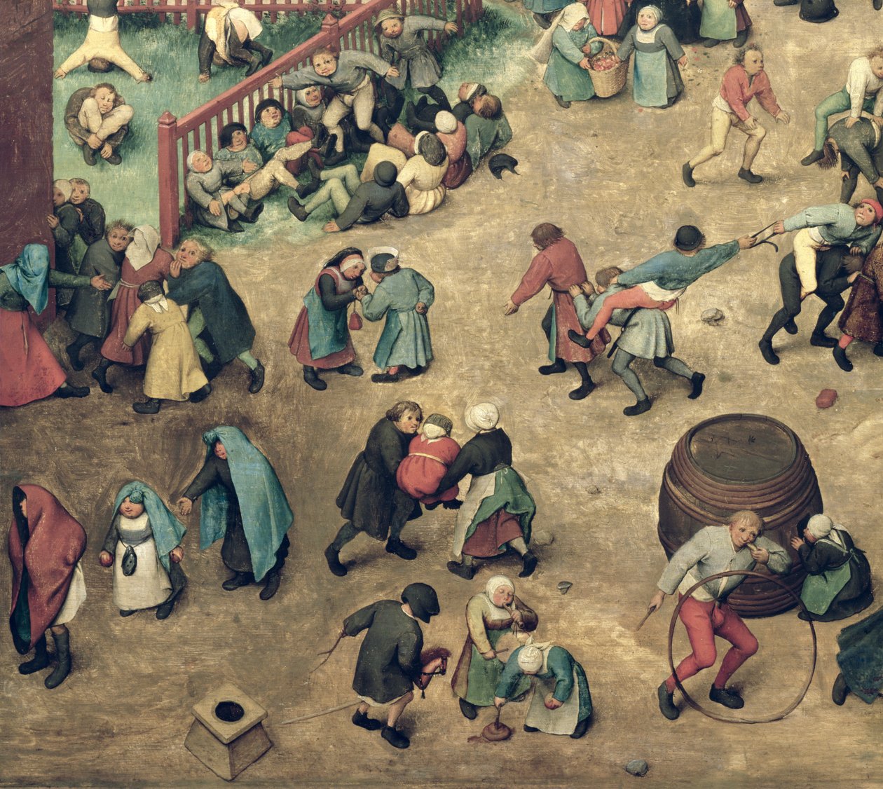 Dětské hry (Kinderspiele): detail levé části zobrazující dětské kuželky, stojky, hraní s hobby koněm a další hry, 1560 (detail 68945) od Pieter Bruegel the Elder