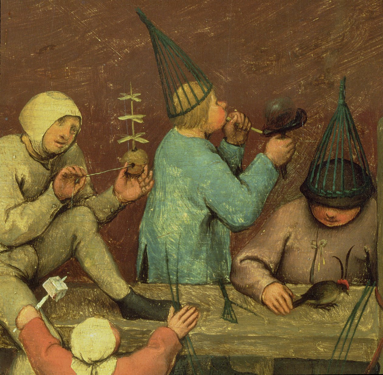 Dětské hry (Kinderspiele): detail levé části zobrazující děti vyrábějící hračky a foukání bublin, 1560 (detail 68945) od Pieter Bruegel the Elder