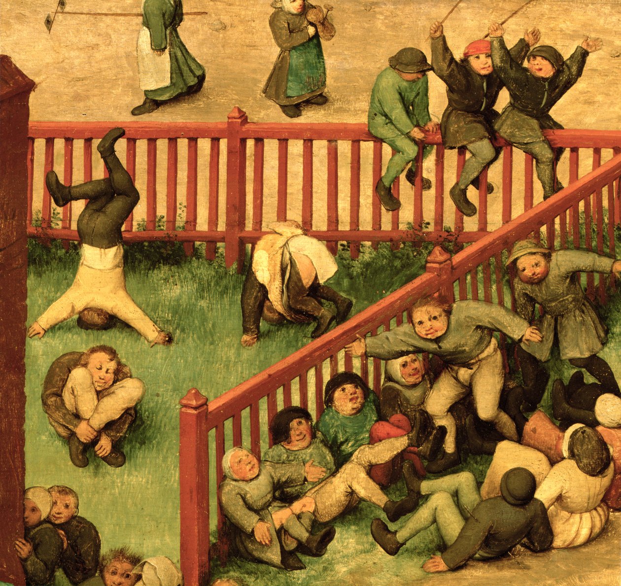 Dětské hry (Kinderspiele): detail levé části zobrazující děti běžící v rukavici, gymnastiku a balancování na plotě, 1560 (detail 68945) od Pieter Bruegel the Elder