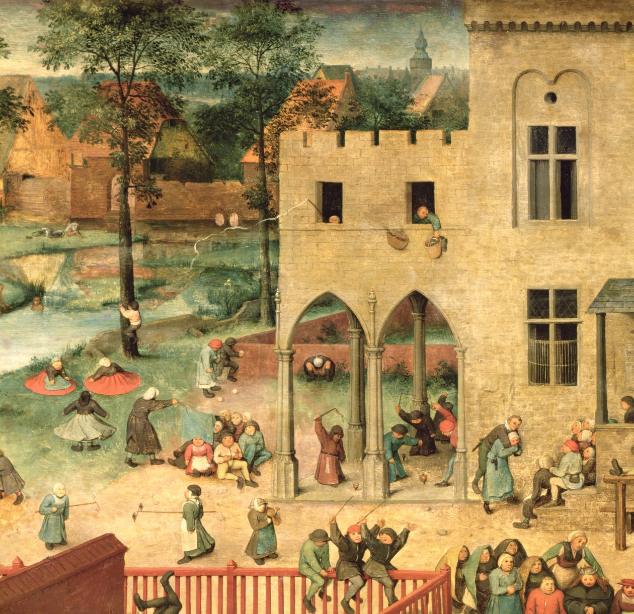 Dětské hry (Kinderspiele): detail levého horního rohu zobrazující dětské kolovrátky a hrací mísy, 1560 (detail 68945) od Pieter Bruegel the Elder