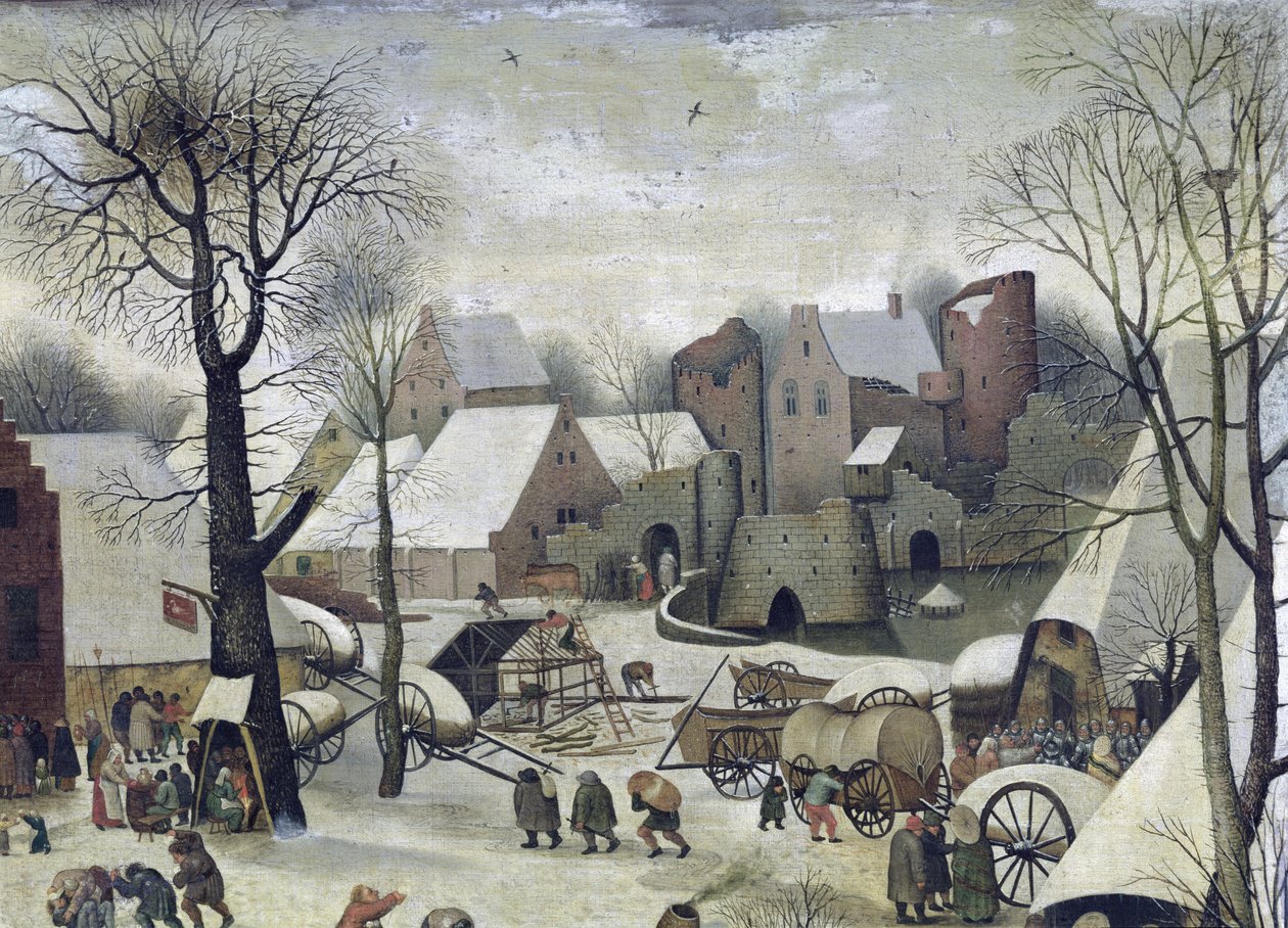 Sčítání lidu v Betlémě, detail domů a opevnění od Pieter Bruegel the Elder