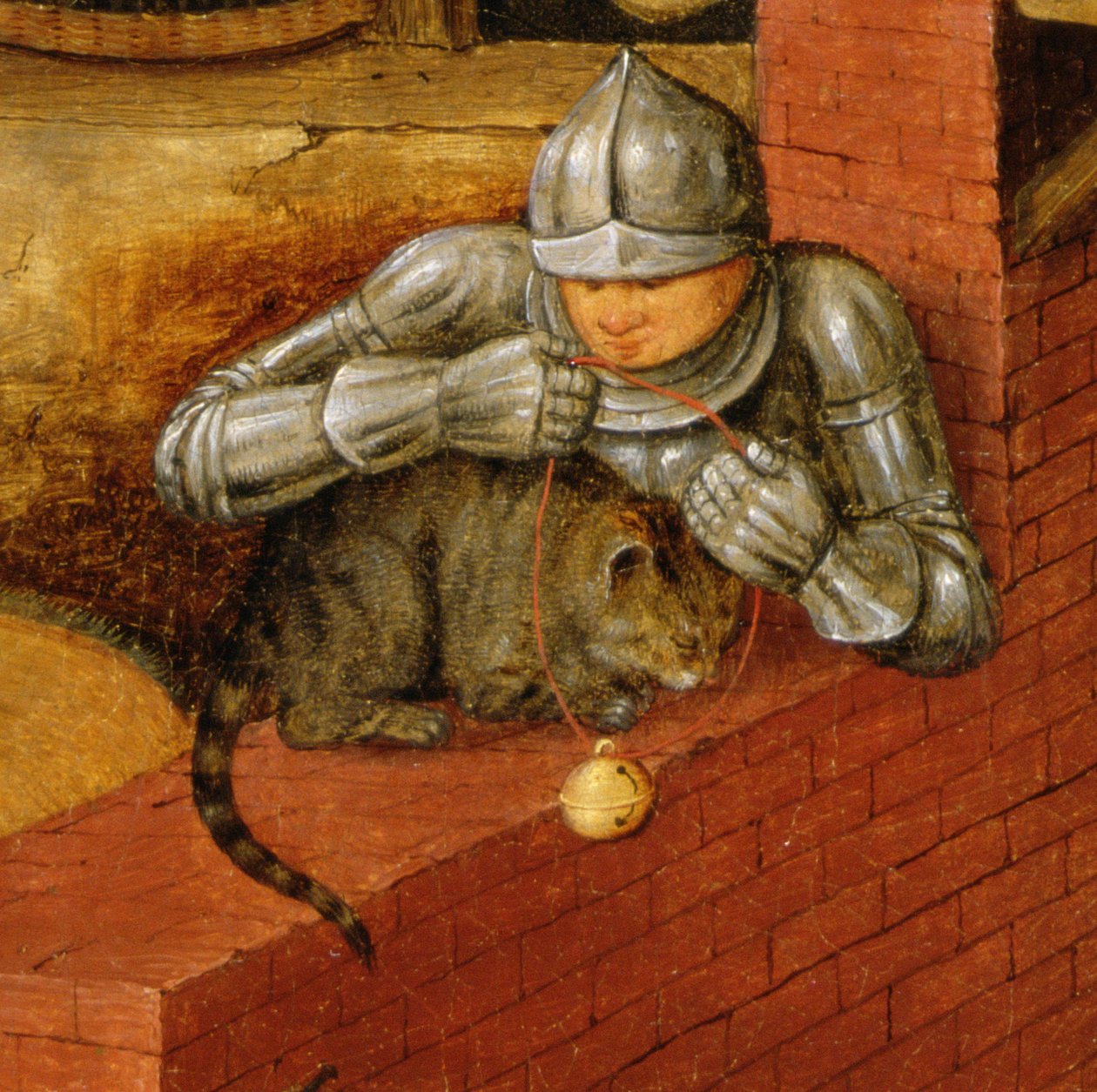 Rytíř nasazuje kočce zvonek, detail z „Vlámských přísloví“ (detail 67235) od Pieter Brueghel the Younger